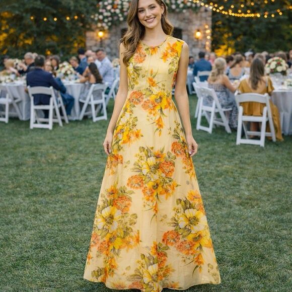 Unbranded Dresses & Skirts - 60s Vintage Yellow Floral Gown Sleeveless Maxi A-Line Dress Empire Waist Sz S/M